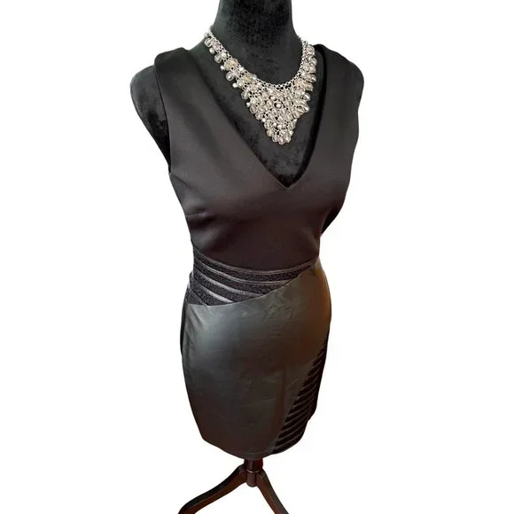 faux leather v neck dress Faux Leather Double Pocket V-Neck Dress main image 1